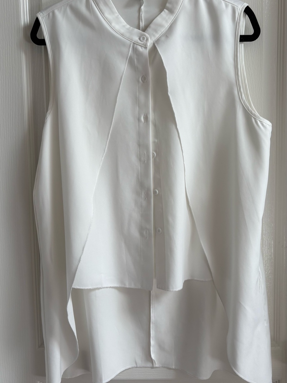 Sleeveless White Draped Button-Front Blouse